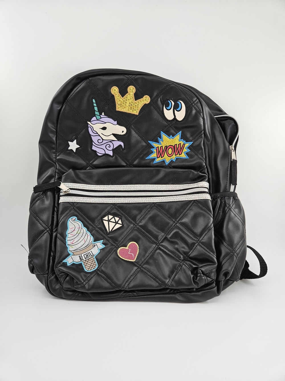 Girls Patches Ice Cream Unicorn Princess Crown Star Heart Quilted Backpack Black